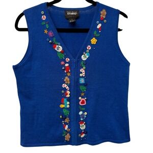 Designers Original Womens Blue Christmas Sweater Vest Gingerbread Size Small